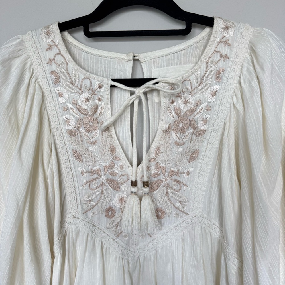 Anthropologie Cream and Brown Embroidered Bohemian balloon sleeve dress XS - Picture 6 of 17